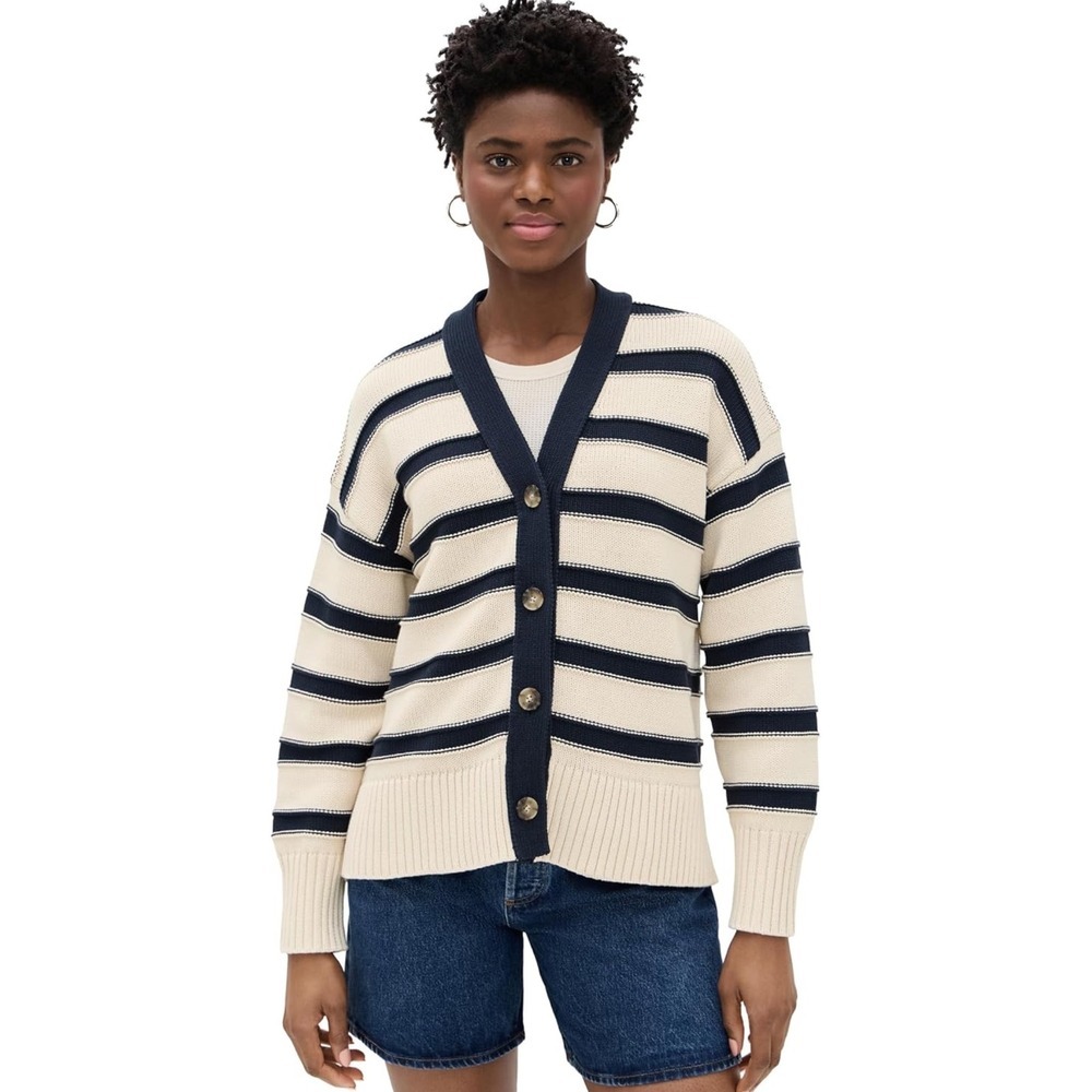 Madewell Striped Navy Cream V Neck S Button Front Knit Cardigan Sweater Women‎